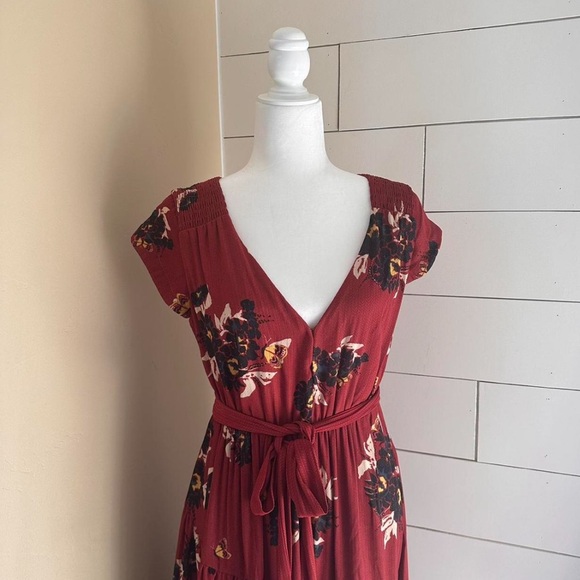 Free People All I Got Maxi Dress Prairie Floral Red waist tie size 4 Cap Sleeves - Picture 5 of 6